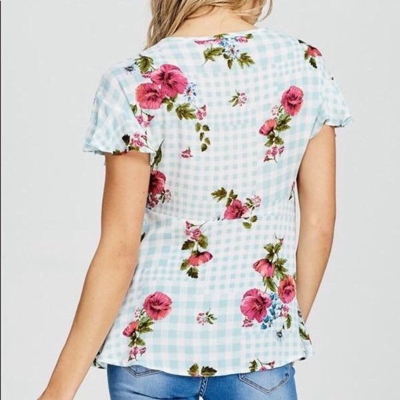 Blue Checkered Floral Short Sleeve Peplum Top - Picture 3 of 3